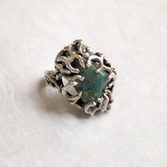 Vintage Sterling Silver Ring Chrysocholla 5.75 Brutalist Avant Garde Openwork